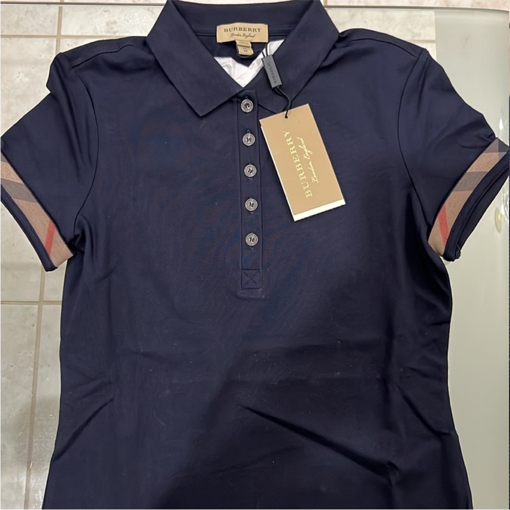 Burberry Dark Blue Polo with Check Sleeves